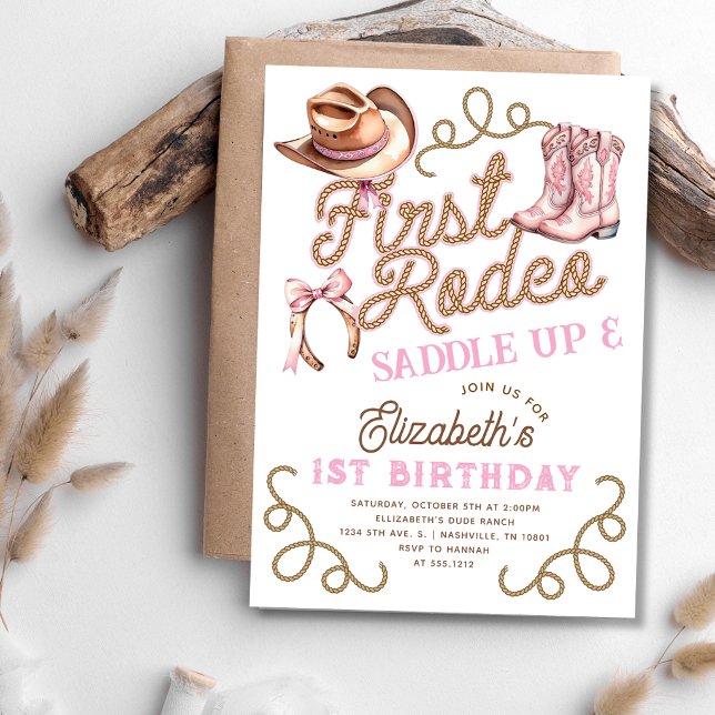 Invitación Cumpleaños número 1 de Pink Girls First Rodeo (Pink Girls First Rodeo 1st Birthday Invitation)