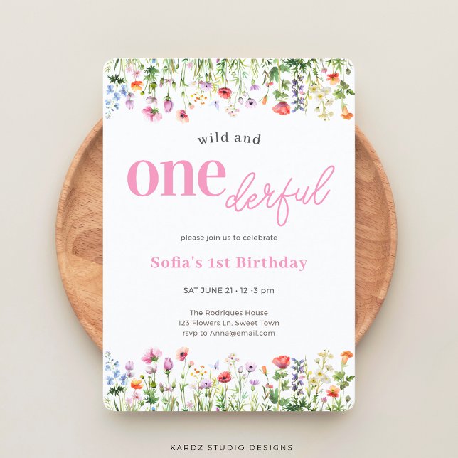 Invitación Cumpleaños número 1 de Pink Wild y Onederful Wildf (The front of the invitation is shown at 5x7 in. with round corners. Choose size + corner style.)