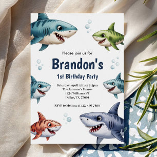 Invitación Cumpleaños número 1 de tiburón de acuarela de niño