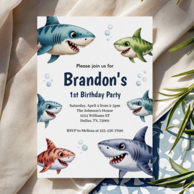 Invitación Cumpleaños número 1 de tiburón de acuarela de niño (Subido por el creador)