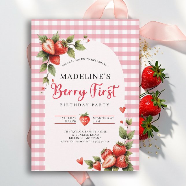 Invitación Cumpleaños número 1 de verano con fresas dulces a  (berry first birthday party invitation girls strawberry 1st watercolor summer farmhouse cottage patch)