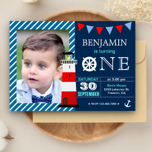 Invitación Cumpleaños número 1 del bebé niño náutico rojo azu