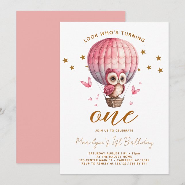 Invitación Cumpleaños número 1 del búho rosa (Anverso / Reverso)