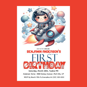 Invitación Cumpleaños número 1 del niño astronauta de cohete