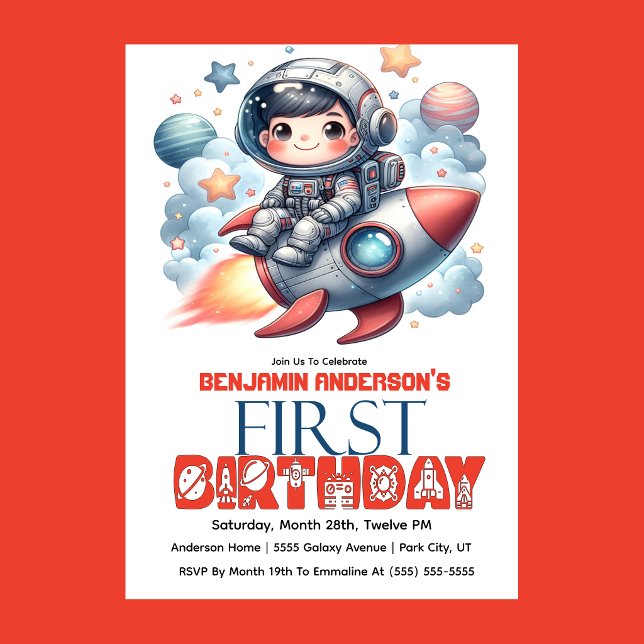 Invitación Cumpleaños número 1 del niño astronauta de cohete (Space astronaut boy riding rocket 1st birthday party invitation with planets and stars
)