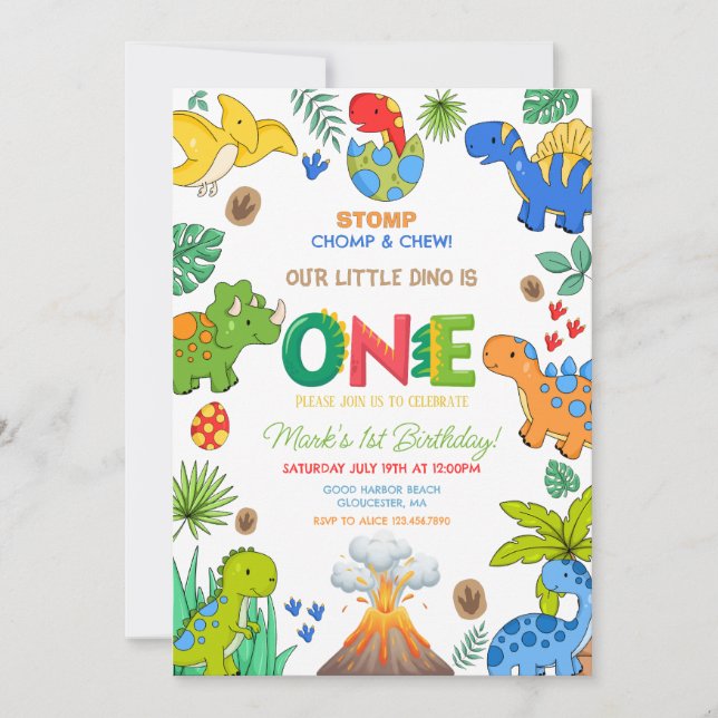 Invitación Cumpleaños número 1 del niño dinosaurio (Anverso)