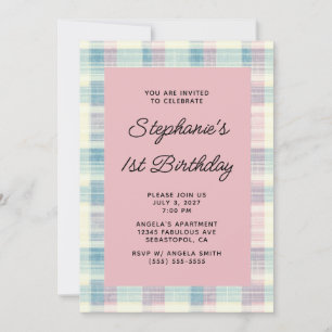 Invitación Cumpleaños número 1 en azul pastel y rosa a cuadro