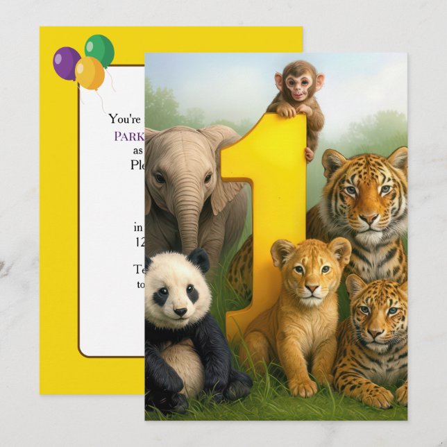 Invitación Cumpleaños número 1 Fiesta Bebés Animales de la Fa (Anverso / Reverso)