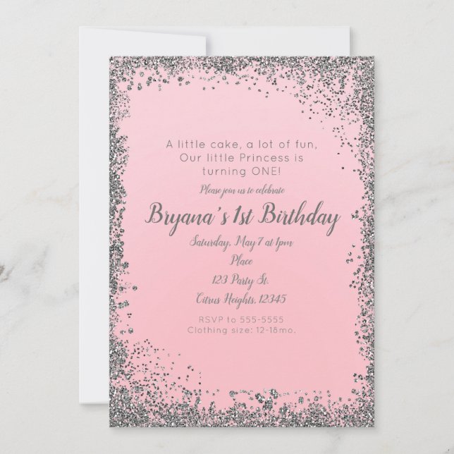 Invitación Cumpleaños número 1 Fiesta Glam Brillo Plateado Ro (Anverso)