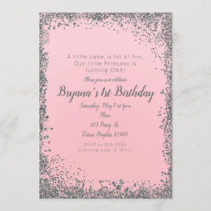 Invitación Cumpleaños número 1 Fiesta Glam Brillo Plateado Ro