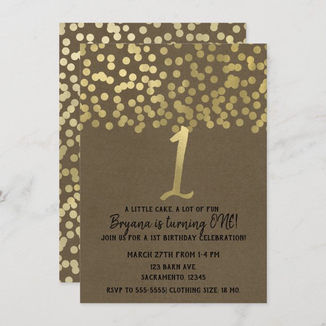 Invitación Cumpleaños número 1 Gold Foil Modern Chic Rustic K (Anverso / Reverso)