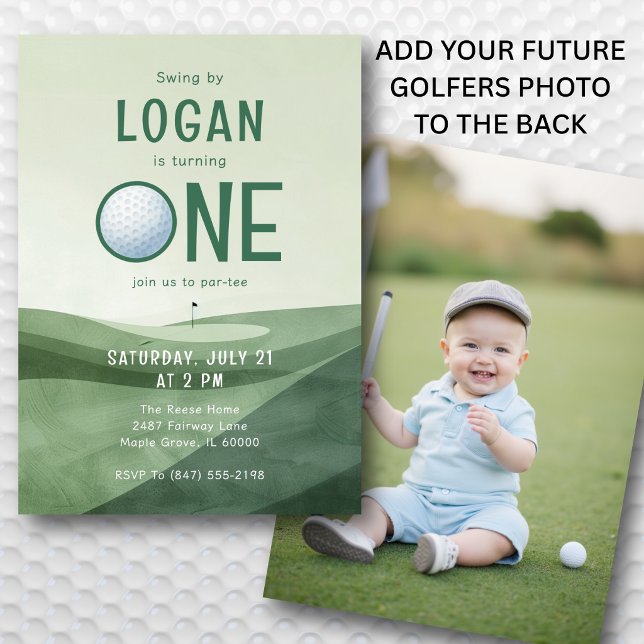 Invitación Cumpleaños número 1 Golf Par-tee Foto Acuarela (Neutral green palette works beautifully for both boys and girls.)