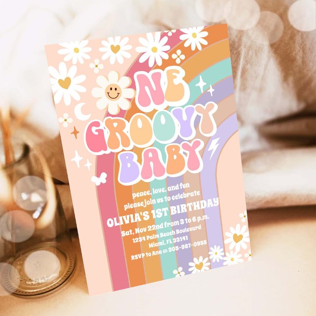 Invitación Cumpleaños número 1 Groovy Pastel Arcoíris (Subido por el creador)