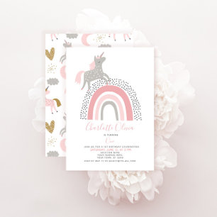 Invitación Cumpleaños número 1 Moderno Unicornio Arcoíris Ros