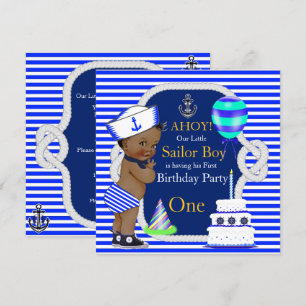Invitación Cumpleaños número 1 Niño Marinero Franja Azul Mari