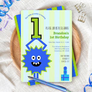 Invitación Cumpleaños número 1 pequeño monstruo niño rayas az