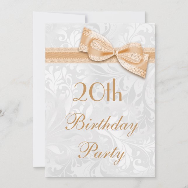 Invitación Cumpleaños número 20 Fiesta Damasco y lazo falso (Anverso)