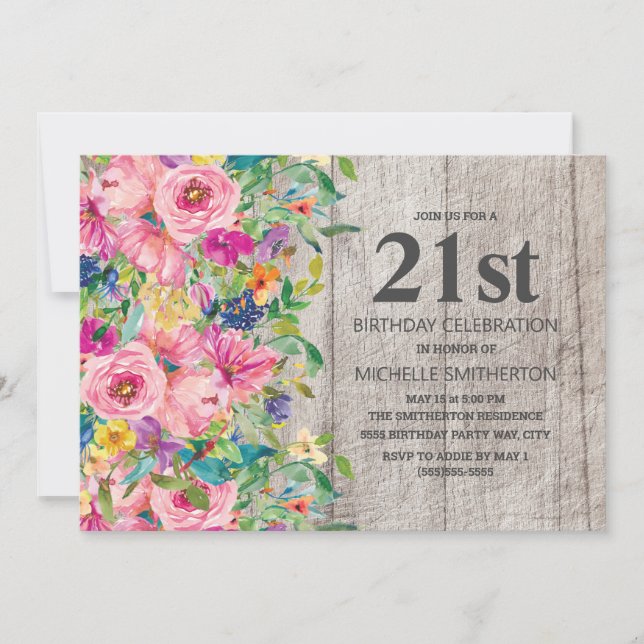 Invitación Cumpleaños número 21 con tema de madera rústica y  (Anverso)