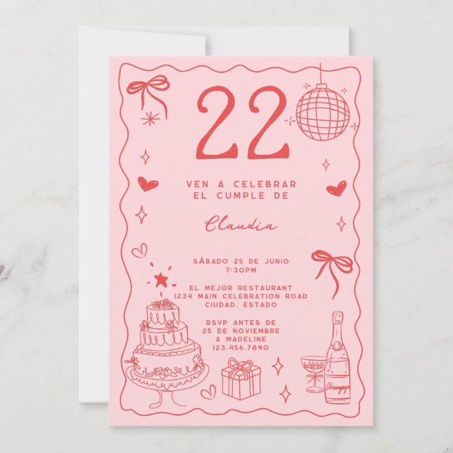 Invitación Cumpleaños número 22 Retro Extravagante Rojo Rosa  (Anverso)