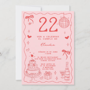 Invitación Cumpleaños número 22 Retro Extravagante Rojo Rosa 