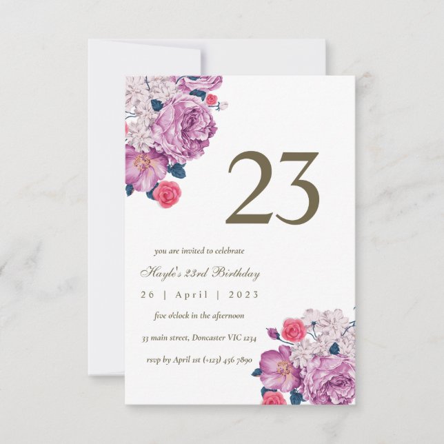 Invitación Cumpleaños número 23 con flores botánicas púrpuras (Anverso)