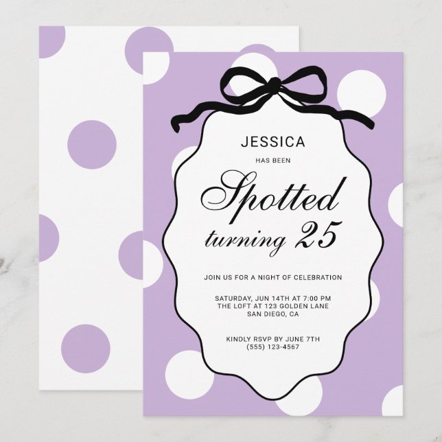 Invitación Cumpleaños número 25 de Purple Polka Dot Spotted (Anverso / Reverso)