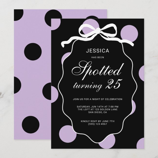 Invitación Cumpleaños número 25 de Purple Polka Dot Spotted (Anverso / Reverso)