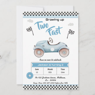 Invitación Cumpleaños número 2 azul vintage tema de coche de 