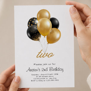 Invitación Cumpleaños número 2 Black and Gold con Globos