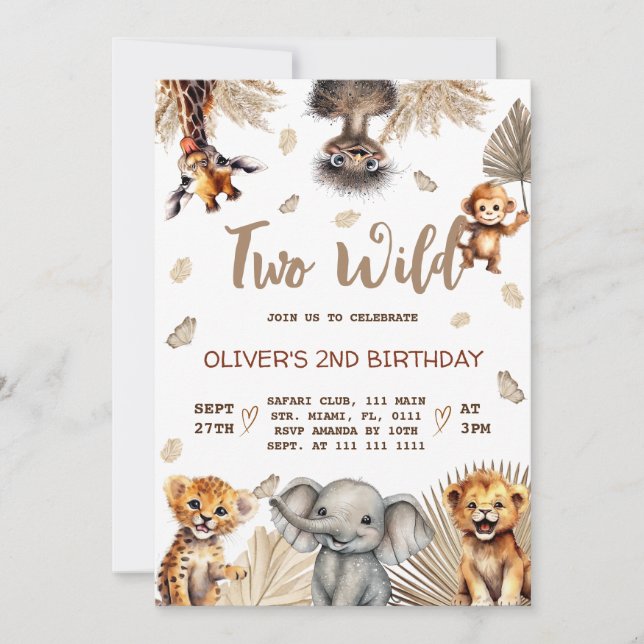 Invitación Cumpleaños número 2 de Dos Animales Salvajes de Sa (Anverso)