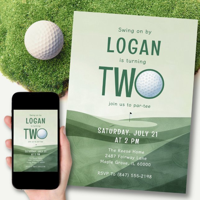 Invitación Cumpleaños número 2 de Golf Par-tee Acuarela Dos A (A little swing for a big TWO celebration.)