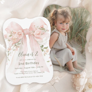 Invitación Cumpleaños número 2 de la niña lazo floral rosa y 