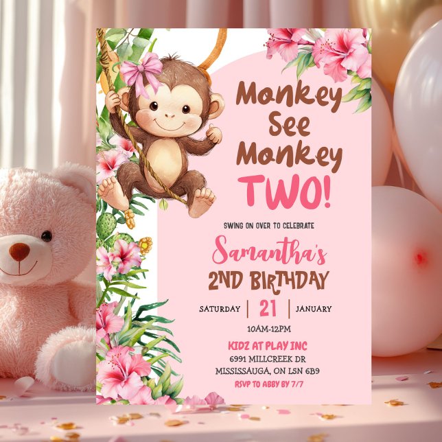 Invitación Cumpleaños número 2 de Pink Safari Monkey See Monk (Subido por el creador)