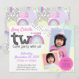 Invitación Cumpleaños número 2 de Rainbow Girl, Kawaii Doodle