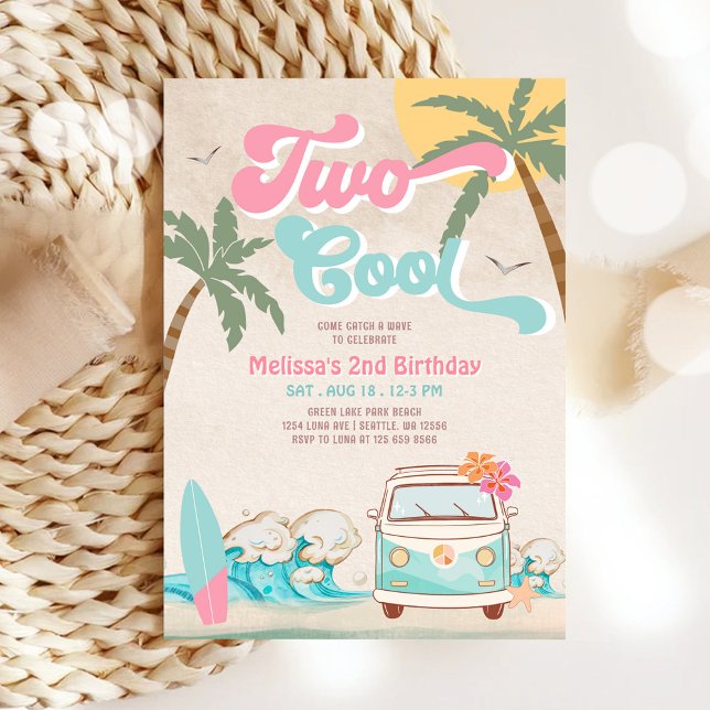 Invitación Cumpleaños número 2 de surf de dos cool rosa menta (Subido por el creador)
