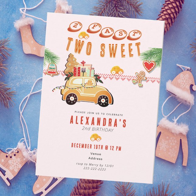 Invitación Cumpleaños número 2 de Two Fast Christmas Gingerbr (Two Fast Two Sweet Christmas Gingerbread Car Pink Girl 2nd Birthday December Winter Invitation)