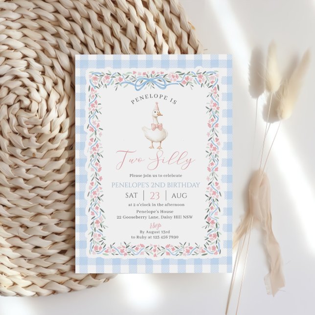 Invitación Cumpleaños número 2 de Two Silly Goose Blue Gingha (Subido por el creador)