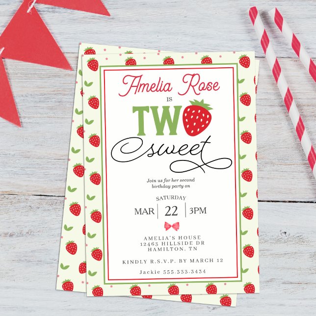 Invitación Cumpleaños número 2 de Two Sweet Strawberry (Two Sweet Strawberry 2nd Birthday Party Invitation)