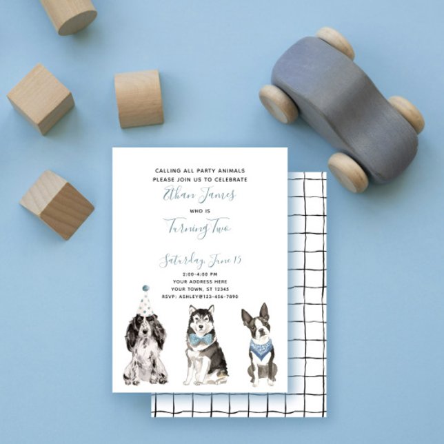 Invitación Cumpleaños número 2 del niño con perro azul blanco (Subido por el creador)