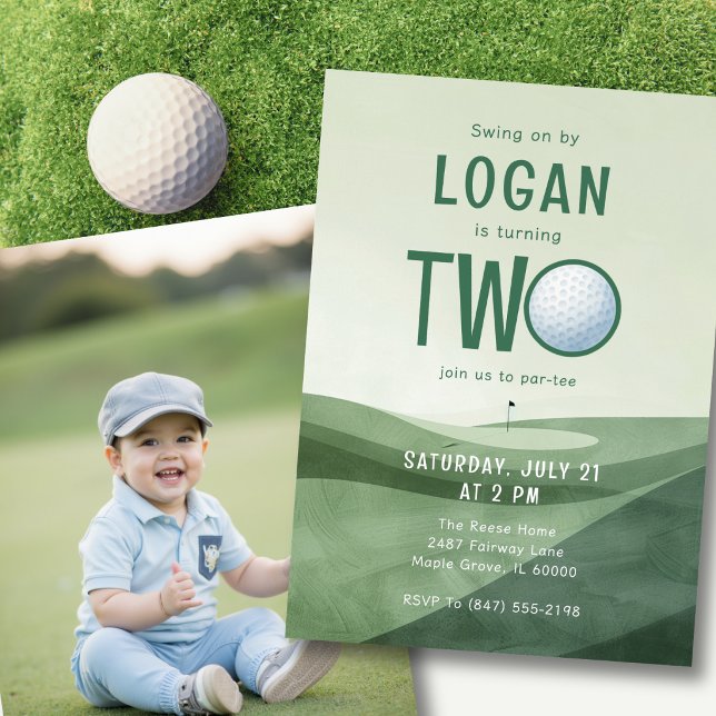 Invitación Cumpleaños número 2 Golf Par-tee Foto Acuarela (Add your favorite photo on the back for a personal, memorable birthday touch.)