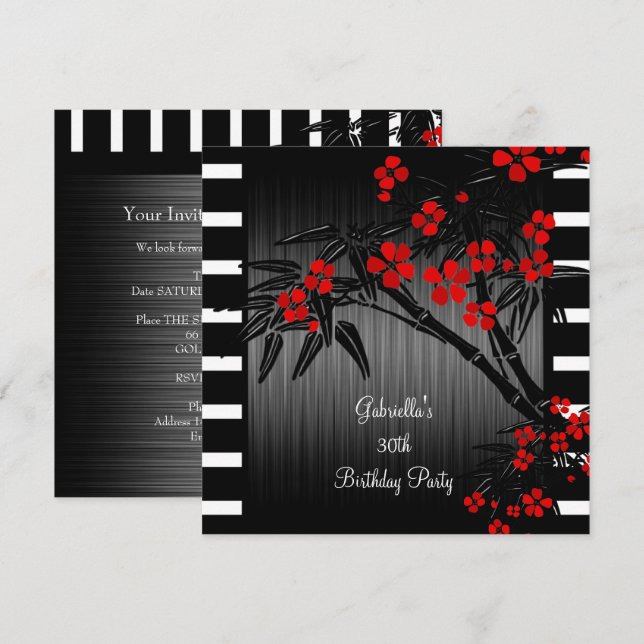 Invitación Cumpleaños número 30 con flores rojas asiáticas y  (Anverso / Reverso)