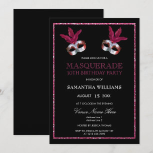Invitación Cumpleaños número 30 con máscara de Glitter Rosa c