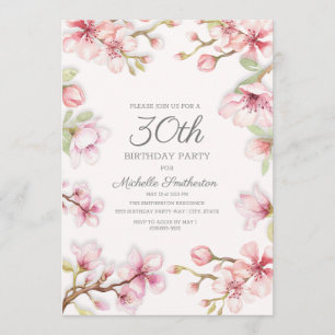 Invitación Cumpleaños número 30 de mujer con flores rosadas y