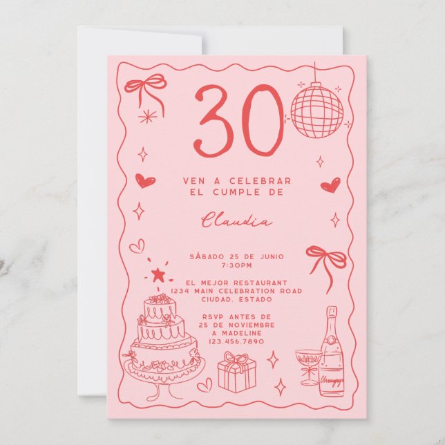 Invitación Cumpleaños número 30 Retro Extravagante Rojo Rosa  (Anverso)