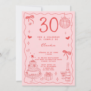 Invitación Cumpleaños número 30 Retro Extravagante Rojo Rosa 