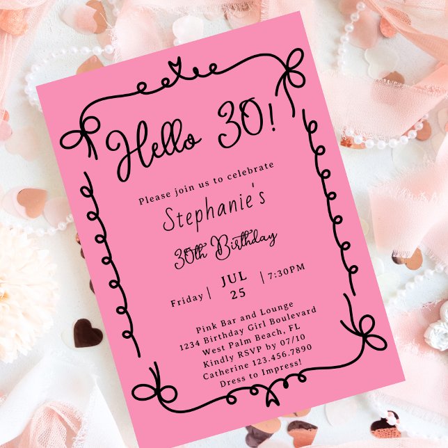 Invitación Cumpleaños número 30 Retro Rosa y Negro con Letra  (Subido por el creador)