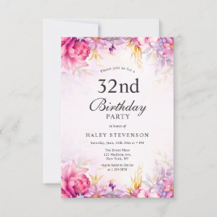 Invitación Cumpleaños número 32 Chic Floral Pastel Acuarela F