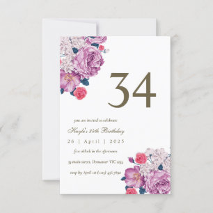 Invitación Cumpleaños número 34 de Botánica Floral Púrpura Si
