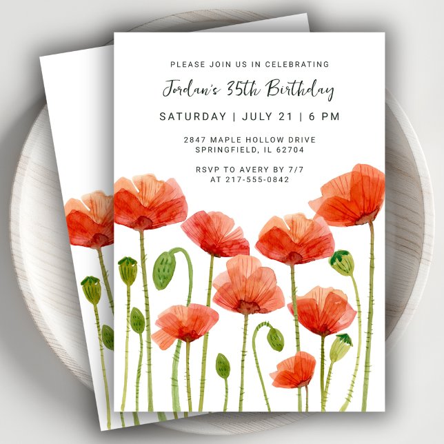 Invitación Cumpleaños número 35 Acuarela floral amapolas (Celebrating 35 with fresh floral style. Fully editable for any age.)