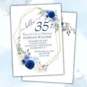 Invitación Cumpleaños número 35 Chic Femenino Floral Azul Mar
